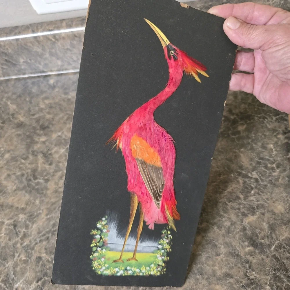 Vintage Mexican Feathercraft Bird Art Set 3 Real Feathers Folk Art Wall Decor